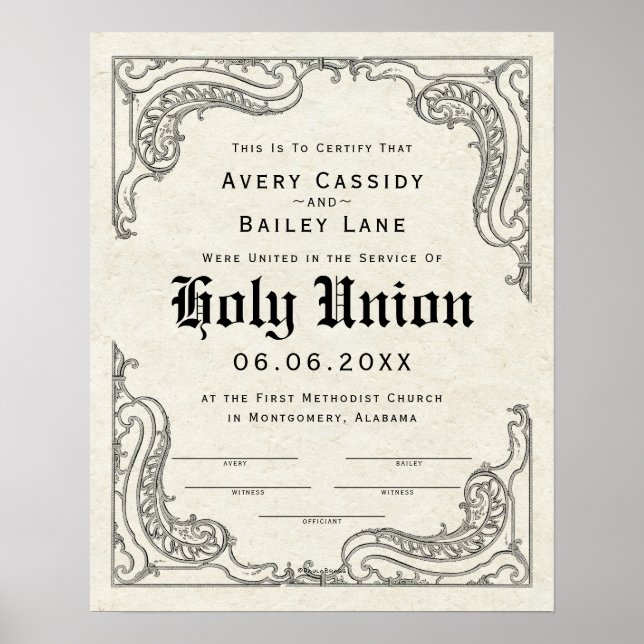 Póster Ornate Scroll Border Frame ♥ Wedding Certificate (Frente)