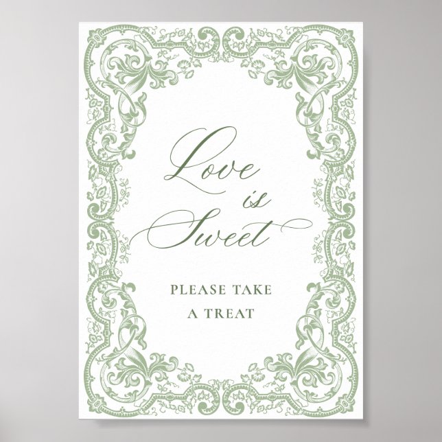Póster Ornato renacentista Sage Green Floral Love is Swee (Frente)