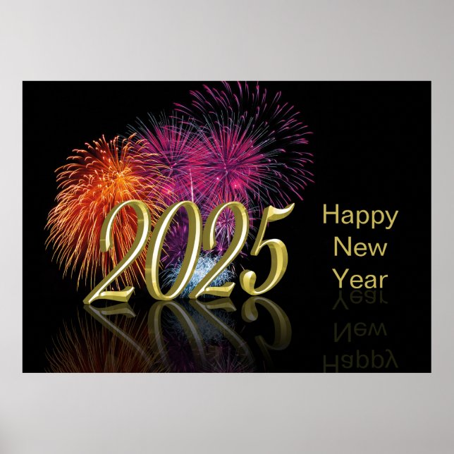 Póster Oro 2025 Fuegos artificiales Feliz Año Nuevo (Frente)