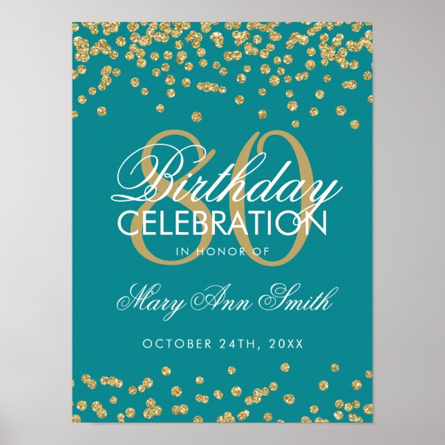 Póster Oro 80.º Purpurina de cumpleaños Confetti Verde az (Frente)