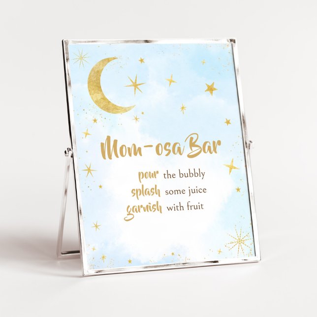 Póster Oro Azul Sobre La Luna Baby Shower Mamá Osa Bar (Moon and Stars Baby Shower Mom Osa Bar Sign)