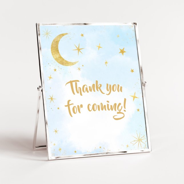 Póster Oro azul sobre la luna bebé gracias por venir (Moon and Stars Baby Shower Thank you for Coming Sign)