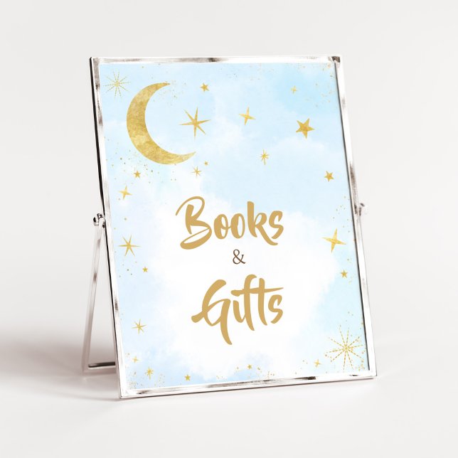 Póster Oro Azul sobre la luna Libros y Regalos (Moon and Stars Baby Shower Books and Gifts Sign)