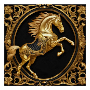 Póster Oro de caballo y marco ornamental negro