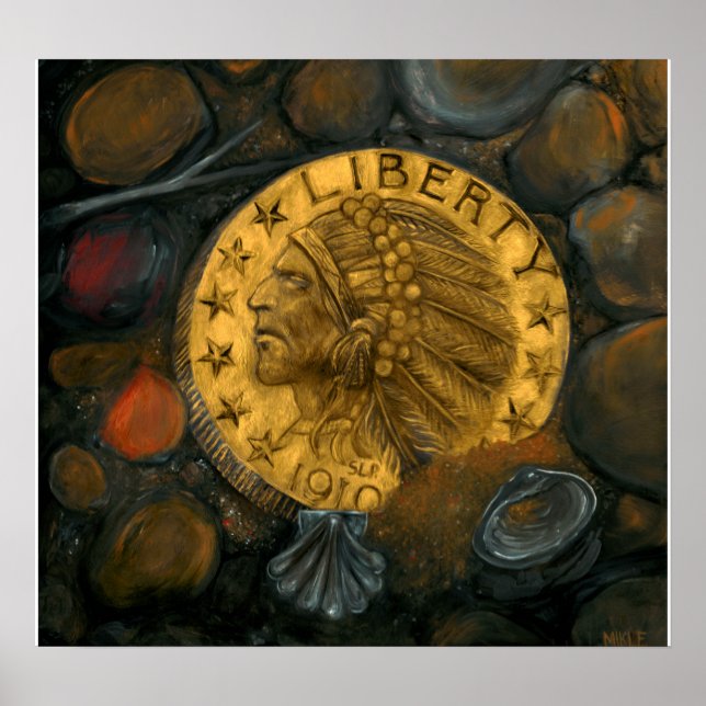 Póster Oro de cabeza india $5 Aceite de medio águila en g (Frente)