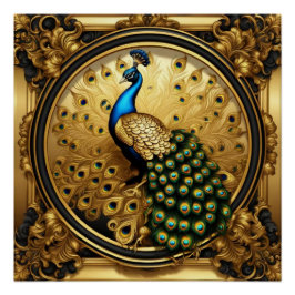 Póster Oro de pavo real y marco ornamental negro