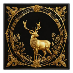 Póster Oro de reno y marco ornamental negro