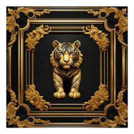 Póster Oro de tigre y marco ornamental negro
