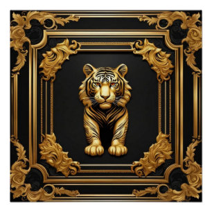 Póster Oro de tigre y marco ornamental negro