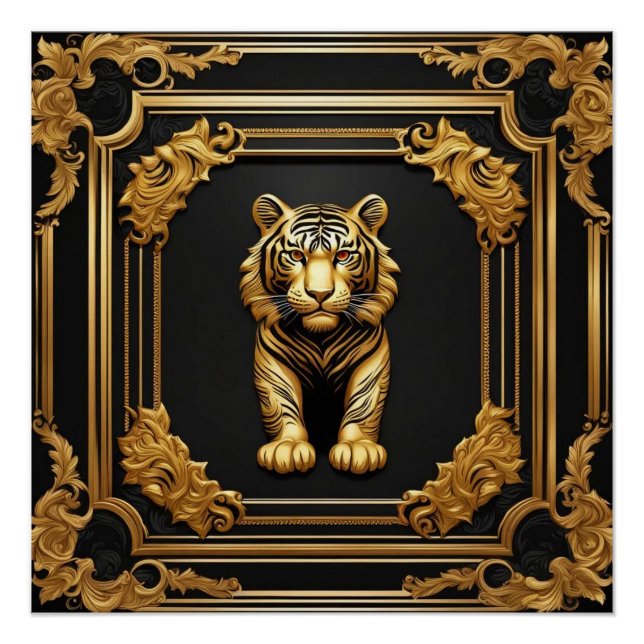 Póster Oro de tigre y marco ornamental negro (Anverso)