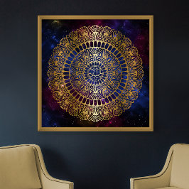 Póster Oro elegante en nebulosa oscura Lotus Henna Mandal