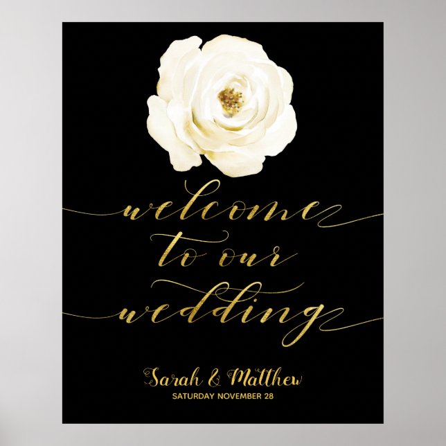 Póster Oro Floral Blanco Negro Bienvenidos A Nuestro Boda (Frente)