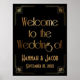 Póster Oro negro Art Deco Bienvenido al Boda del Rótulo
