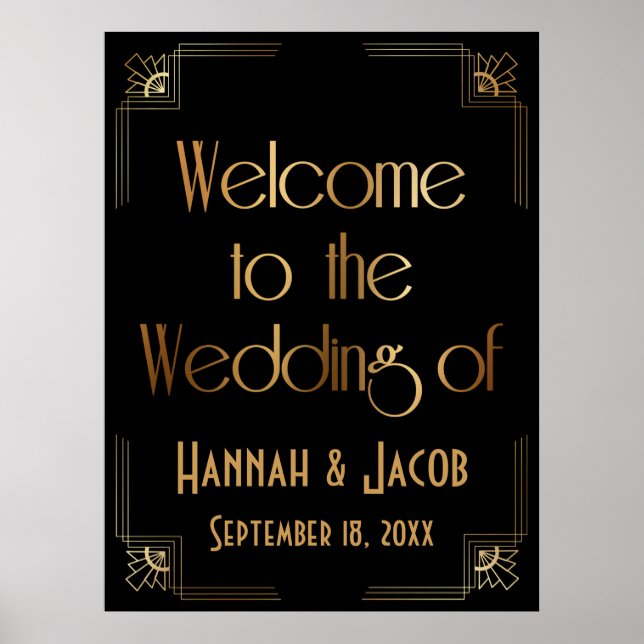 Póster Oro negro Art Deco Bienvenido al Boda del Rótulo (Frente)