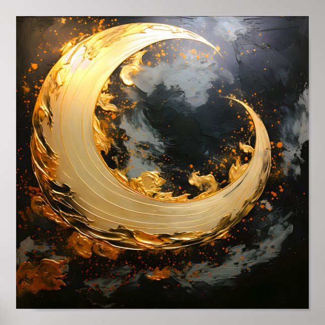 Póster Oro Negro Remolino Abstracto Moderno Luna (Frente)