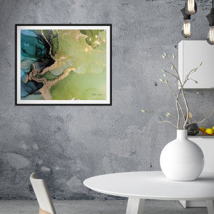 Póster Oro negro verde verde azulado Resumen de tinta de 