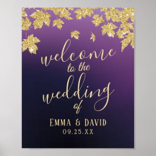 Póster Oro otoño deja Rótulo de matrimonio oscuro morado