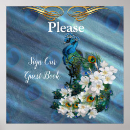 Póster Oro, plumas de pavo real sobre seda verde esmerald