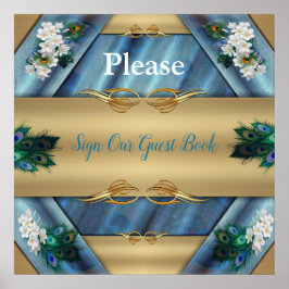 Póster Oro, plumas de pavo real sobre seda verde esmerald