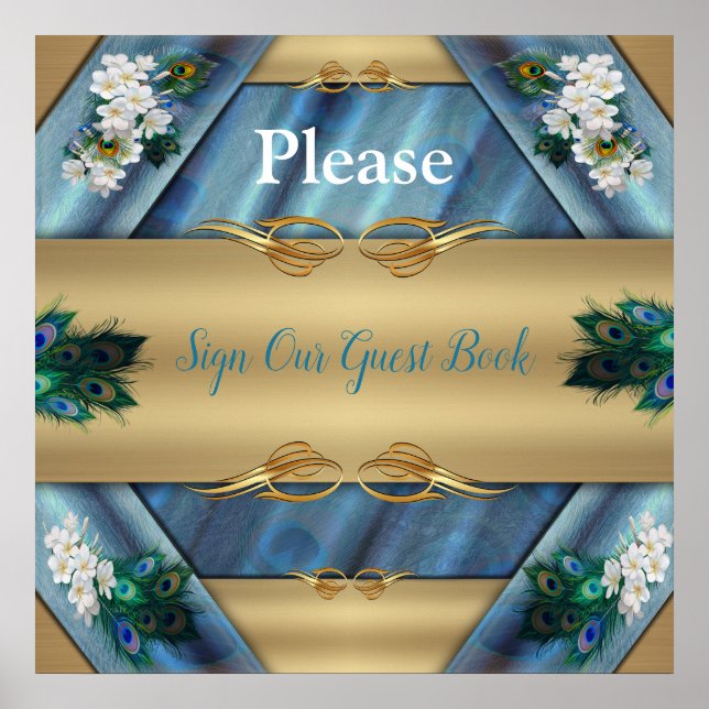 Póster Oro, plumas de pavo real sobre seda verde esmerald (Frente)