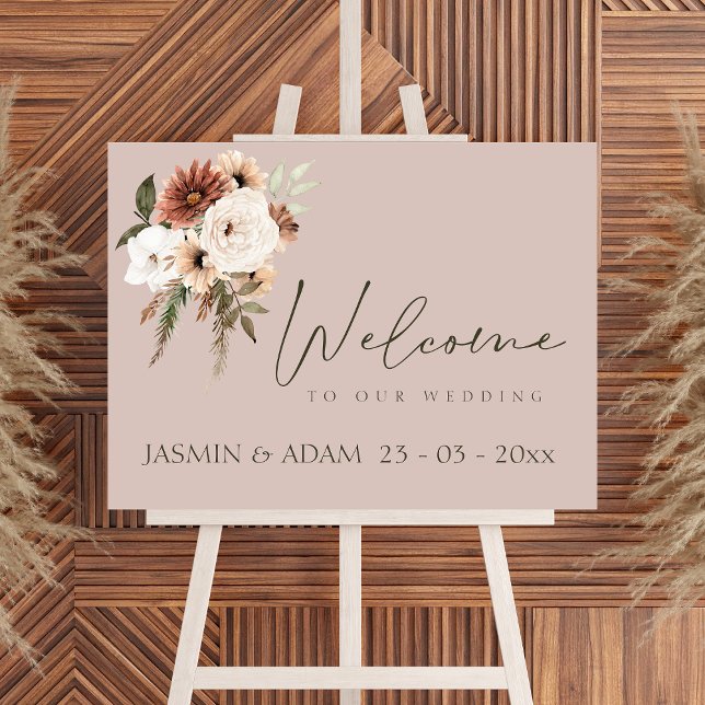 Póster Oro Rosa moderno y Rótulo Boda floral verde (Rustic Dusty Pink and Green Floral Wedding Sign)