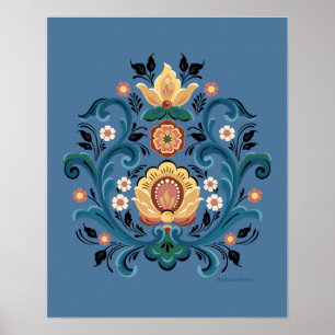 Póster Oro Rosemaling y Borgoña