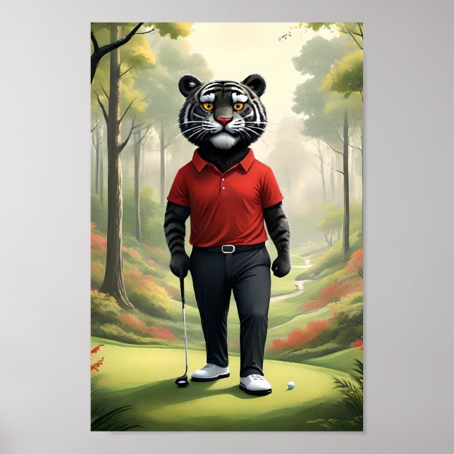 Póster "¡Oro! Un tigre negro jugando golf en el bosque" (Frente)