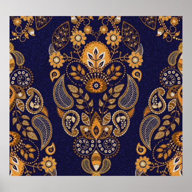 Póster Oro y azul, floral sin costuras. (Frente)