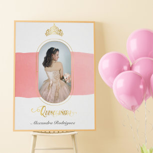 Póster Oro y foto rosa Rosa Quinceanera