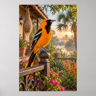 Póster Oropéndola de Altamira en un patio de jardín al am