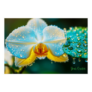 Póster Orquídea Blanca Elegante con Gotitas de Agua Botán