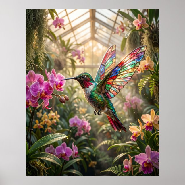 Póster Orquídea Colibrí de Vidrio Resplandor (Frente)