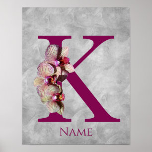 Póster Orquídea Elegante Monograma Inicial K Personalizad