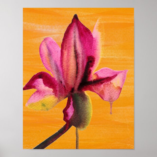 Póster Orquídea morada acuarela flor pop naranja (Frente)