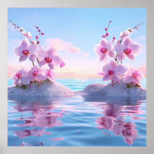 Póster 🌸 Orquídea Rosa Reflexión del Agua Espacios Tranq