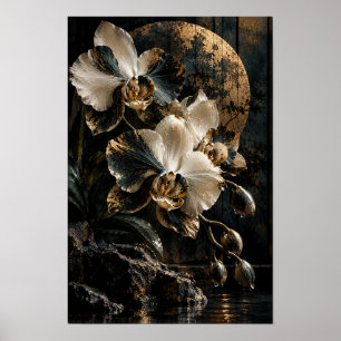 Póster Orquídeas Phalaenopsis blancas y negras con círcul