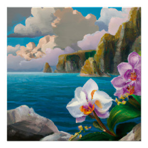 Póster Orquídeas tropicales, océano, acantilados y nubes