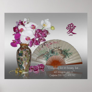 Póster Orquídeas y ventilador pintado de forma oriental, 