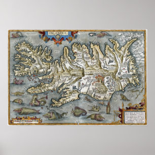Póster Ortelius Islandia Map featuring Sea Monsters Print