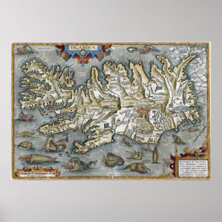 Póster Ortelius Islandia Map featuring Sea Monsters Print