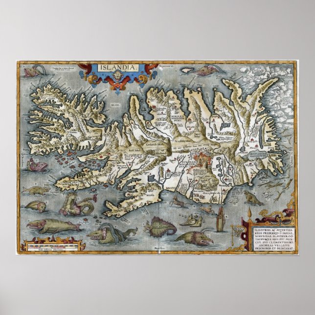 Póster Ortelius Islandia Map featuring Sea Monsters Print (Frente)