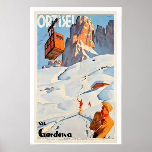 Póster Ortesei Val Gardena Dolomites Italia Esquí Antiguo