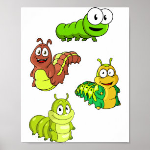 Póster Orugas de dibujos animados verde amarillo marrón