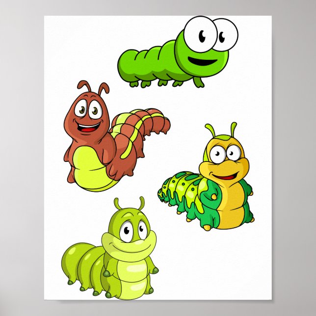 Póster Orugas de dibujos animados verde amarillo marrón (Frente)