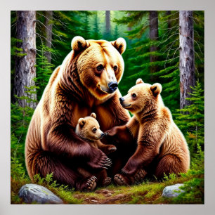 Póster Osa madre con crías en un entorno forestal