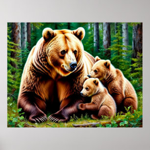 Póster Osa madre con oseznos en un entorno forestal