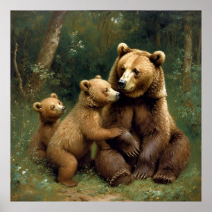 Póster Osa madre con oseznos en un entorno forestal