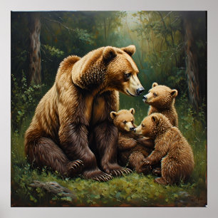 Póster Osa madre con oseznos en un entorno forestal