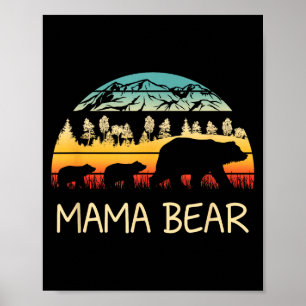 Póster Osa mamá con 2 cachorros retro montañas día de la 