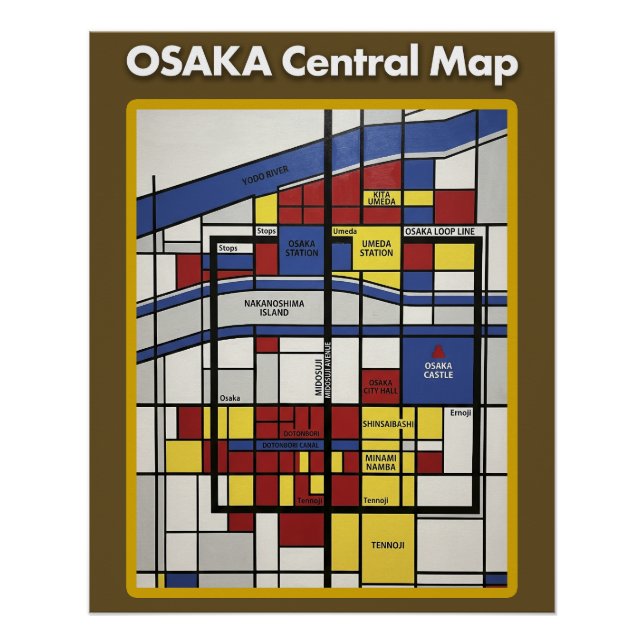 Póster OSAKA central map Piet Mondrian style (Anverso)